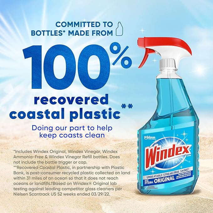 Windex Refill Original Blue Glass and Window Cleaner Bottles + 1 Reusable Spray Trigger, Surface Cleaning Spray, Original Blue Scent, 32 Fl Oz (Pack of 3)