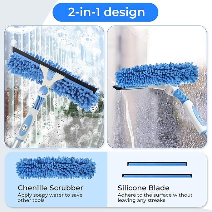 Window Squeegee Cleaner,2 in 1 Shower Squeegee with Extension Pole,92” Extendable Window Cleaning Kit with Bendable Head,Glass Cleaning Tools for Indoor Outdoor High Windows,Car Windshield