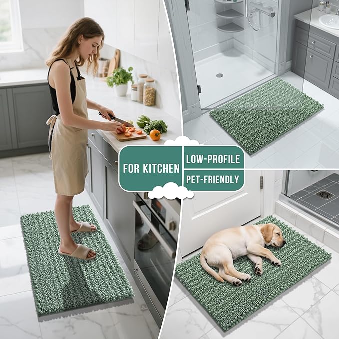 Yimobra Bathroom Rugs Non Slip Washable 32x20 Inch - Ultra Soft Absorbent Chenille Bath Mat, Quick Dry Shaggy Floor Carpet for Tub Shower, Green Home Decor Accessories