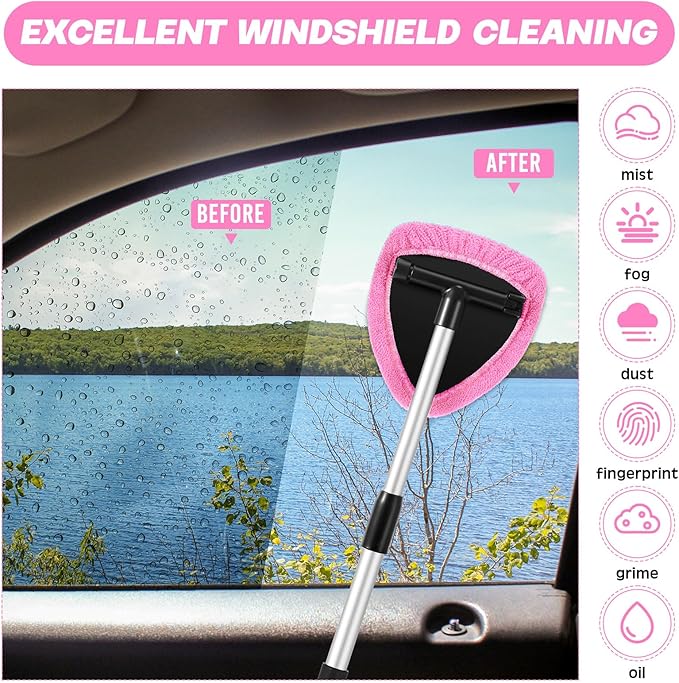 Baderke 10 Pcs Windshield Cleaner Tool Car Window Cleaning Supplies with Extendable Handle Include 6 Washable Microfiber Bonnets 2 Empty 60ml Spray Bottle Glass Wiper Kit(Pink)