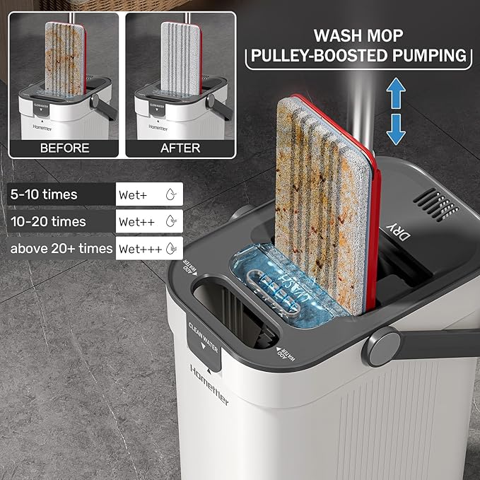 HoMettler Mop and Bucket Set, Flat Mop and Bucket System with Separate Dirty and Clean Water, 3-Compartment Wall Cleaner Mop, Flat Mops for Floor Cleaning with 8 Microfiber Pads