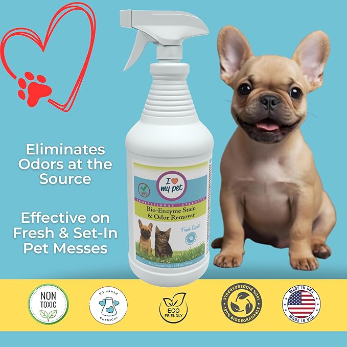 Theochem I Love My Pet Enzyme Stain & Odor Eliminator for Dog & Cat Urine – Professional Strength Cleaner for Carpets, Furniture & Upholstery – Pet-Safe, Works on Set-In Odors – 32 oz