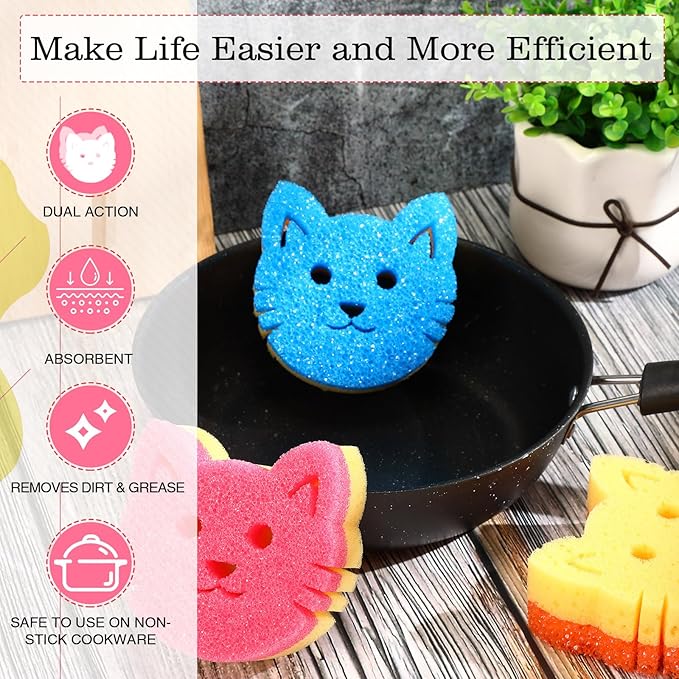 3 Pcs Dual Sided Scrub Sponge Multi Functional Cute Temperature Sensitive Non Scratch Dish Sponge for Washing Dishes Kitchen Bathroom(Cat)