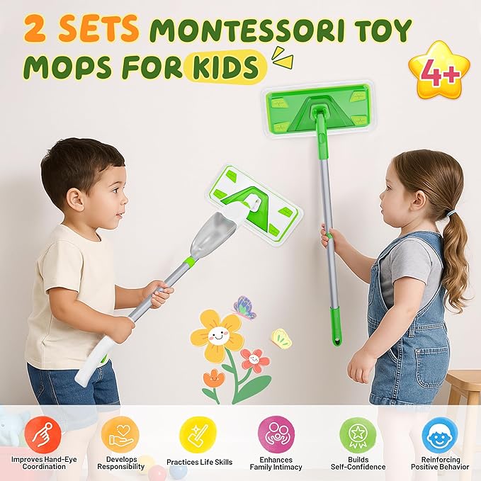 ILAVCLEAN 2-Set Toy Mop for Kids - Toddler Real Spray Flat Floor Mop Montessori Cleaning Toy Set, Educational and Fun Gifts for Boys and Girls Ages 4+
