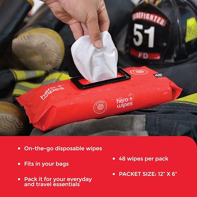 Hero Wipes Body Wipes Remove 98% Of Carcinogens, Ash, Soot, Smoke, Toxins - 48ct Extra Thick Durable 10x9 inches Firefighter Wet Wipes
