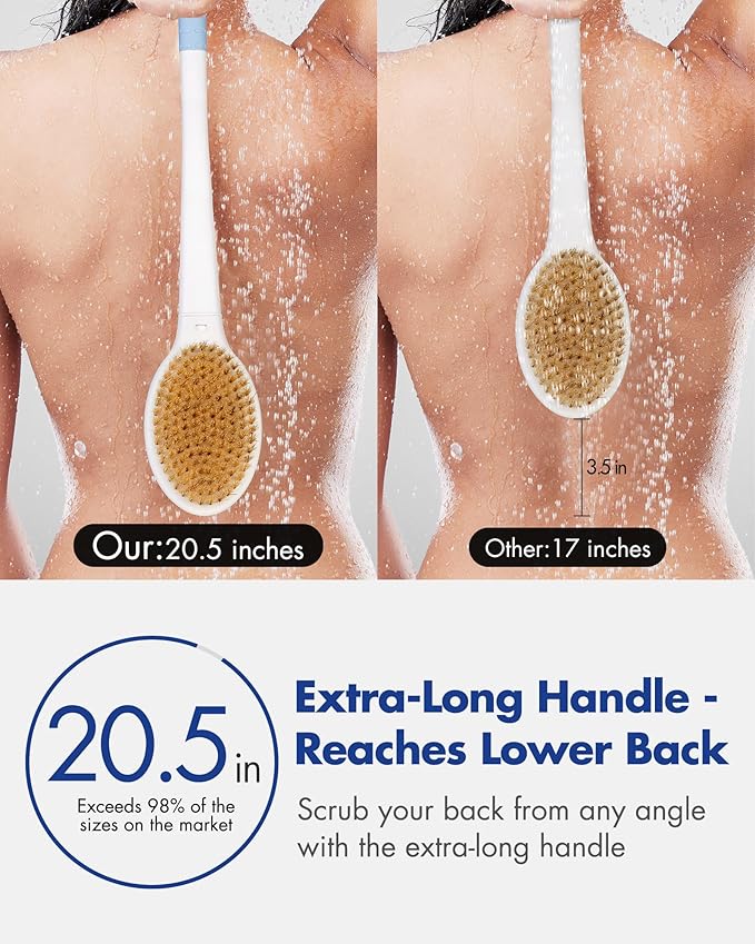 Back Scrubber Body Shower Brush: 20.5‘’ Extra Long Anti Slip Handle Bath Brush with Stiff and Soft Bristles - Showering Exfoliator Wet or Dry Brushing for Women, Men, Elderly (Blue)