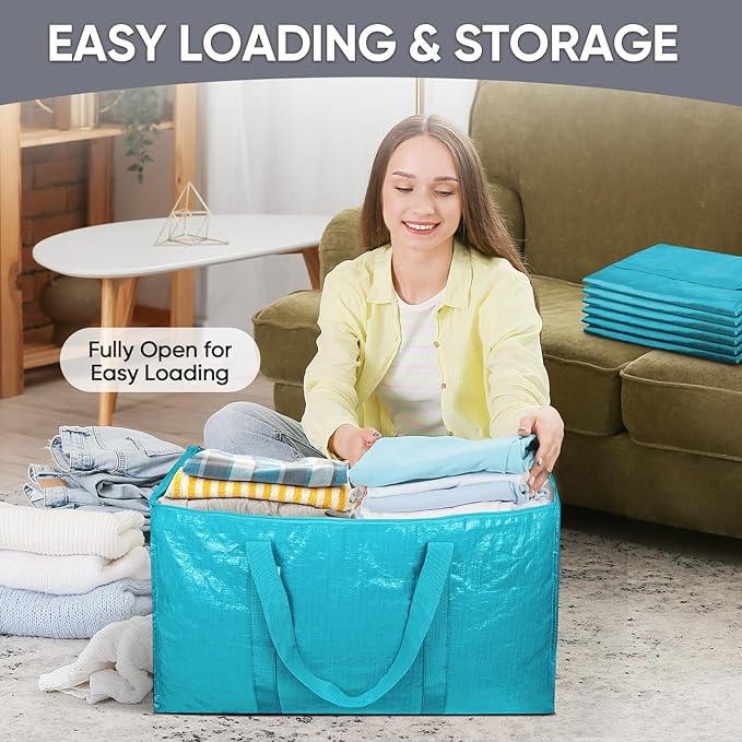 TICONN 2 Pack Extra Large Moving Bags with Zippers & Carrying Handles, Heavy-Duty Storage Tote Moving Boxes for Space Saving (2 Pack, Aqua)