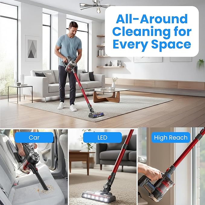 BARNMO Cordless Stick Vacuum, Red, 45 Min Runtime, LED Headlights, 2-Speed, Telescopic Tube with Main Vacuum Brush, Crevice Tool, dust Brush, Removable-Rechargeable Battery Pack with Charging Cord
