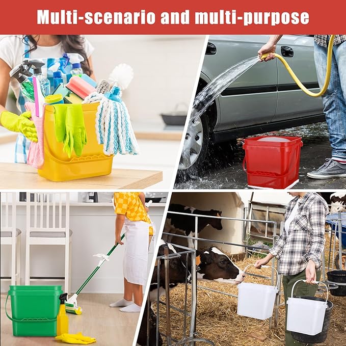 Mifoci 8 Pcs Plastic Bucket 5 Quart Square Cleaning Bucket Utility Small Pail with Handle for House Cleaning Storage Livestock Feeding Car Washing (Red,Yellow,White,Green)