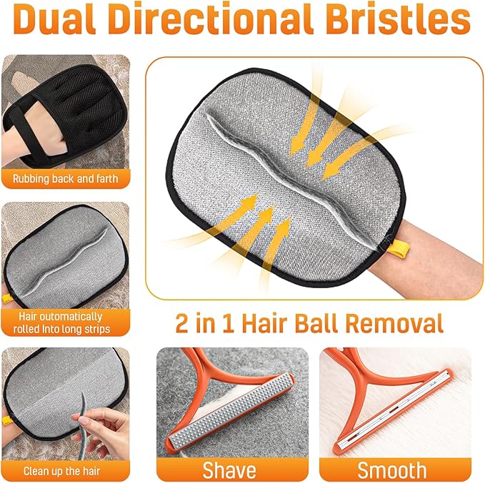 3 pcs Pet Hair Removal Glove for Dogs and Cats (2 Pack Mit, 1 Lint Scraper) - Electrostatic Fur Remover, Five Finger Magic Brush Pet Hair Remover Tool for Laundry, Cloths, Car Mats, Sofa & Bedding