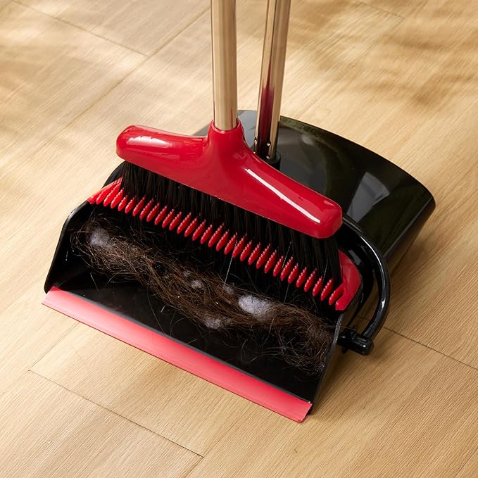 Broom and Dustpan Set Lightweight Upright Lobby Broom and Dust Pan Combo with Long Handle Outdoor Indoor for Home Kitchen Room Office (Red and Black)