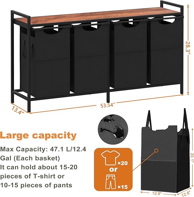 Heybly Laundry Hampers, Laundry Basket with Large Desktop Sorter for Laundry Room organization, Bathroom and Dorm Laundry Bags on Storage Shelf, Walnut HLH004WB