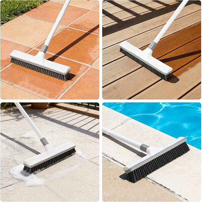 Floor Scrub Brush with 60-Inch Handle Length Adjustable, 2-in-1 Push Broom with Squeegee, Floor Scrubber Broom Stiff Bristles for Cleaning Bathroom, Kitchen, Tile, Deck, Patio, Garage