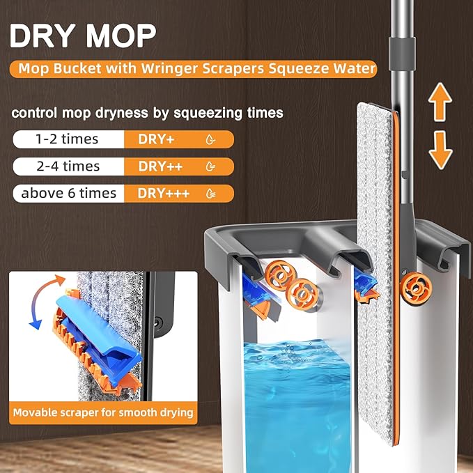 MUEE Mop and Bucket with Wringer Set for Home, Flat Mop and Bucket Set for Floor Cleaning and Window Wall Cleaner, Wet and Dry Mop with Long Handle and 4 Microfiber Pads