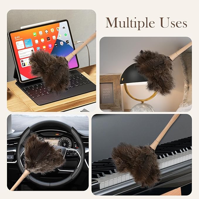 Daieeparty Ostrich Duster Fluffy Natural Feather Dusters with Wooden Handle Cleaning Supplies for Home Office Car (2, 16inch)