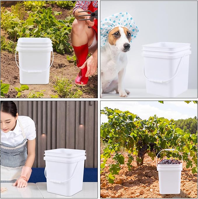 Bringer 4 Pcs 5 Gallon Square Plastic Bucket Pail with Lid, White Utility Square Food Storage Pail