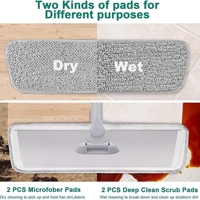 Microfiber Flat Wet-Dry Mop with 51" Adjustable Stainless Steel Handle, 4 Reusable Pads for Wet & Dry Mopping on Hardwood, Tile, Laminate & Vinyl Floors
