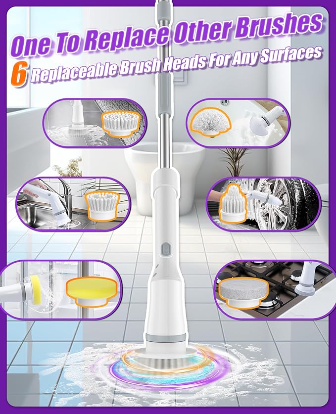 NBONEBS Electric Spin Scrubber, Cordless Shower Scrubber Rotary Floor Brushes & Pad Drivers with 6 Brush Heads - 2H Dual Speed, IPX7 Waterproof Extension Handle for Bathroom Tile Car Cleaning (White)