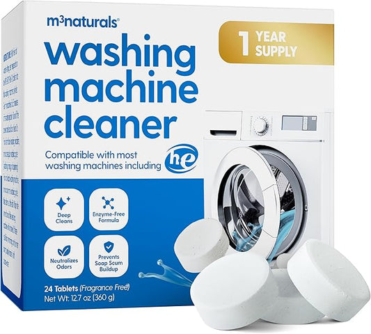 M3 Naturals Washing Machine Cleaner for HE Front & Top Load, 24 Tablets for Sensitive Skin, Formulated to Remove Grime, Residue and Odor, Septic Tank Friendly, 1-Year Supply