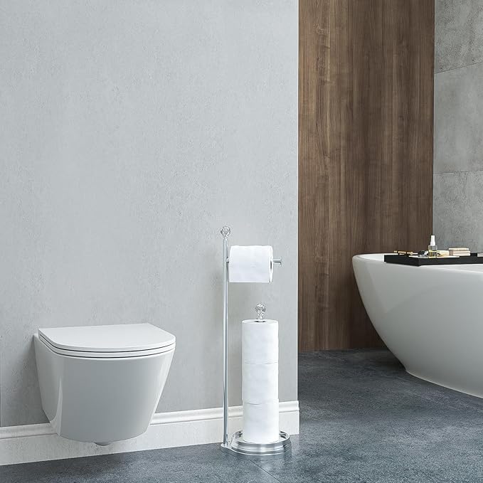 KASUNTO Toilet Paper Holder for Bathroom, Heavy Weighted Metal Free Standing Toilet Paper Holder Stand with Crystal Ball, Toilet Paper Roll Stand for Bathroom Accessories