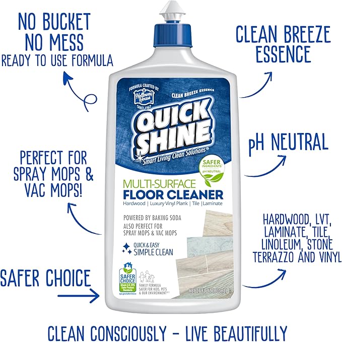 Quick Shine Multi Surface Floor Cleaner 27oz, 6Pk | Ready to Use-Streak Free- No Rinse | Use on Hardwood, Laminate, Luxury Vinyl Plank & Stone | Use in Spray Mops & Vac Mops | Safer Choice Cleaner