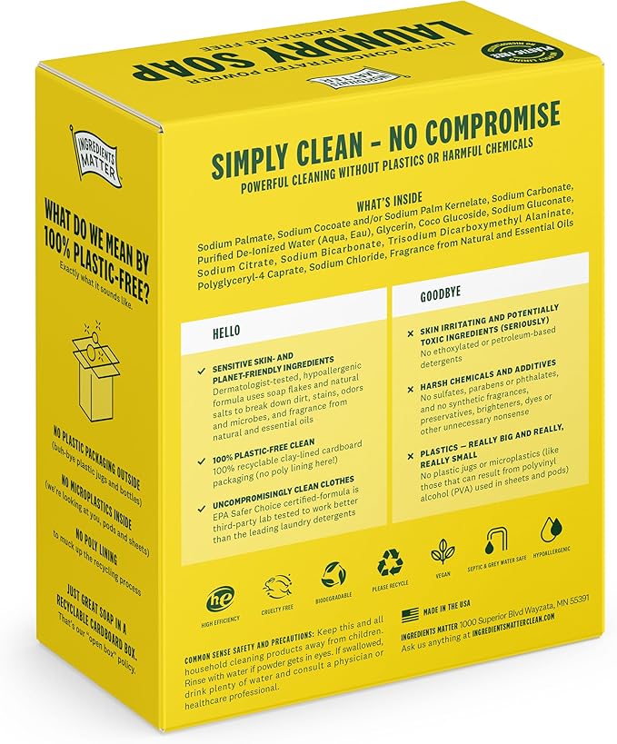 Ingredients Matter Powder Laundry Soap - Lemongrass Scent, Hypoallergenic Detergent, Natural & Eco-Friendly, Plastic Free, Made in USA, Natural Essential Oils & Dermatologist Tested - 30 oz, 60 Loads