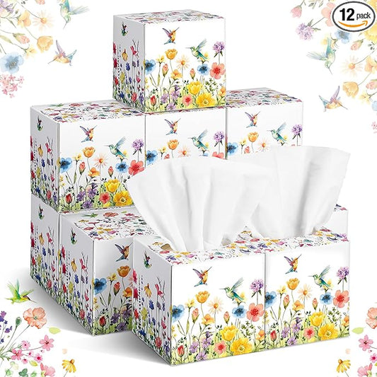 12 Pack Fall Floral Facial Tissues Cube Boxes 600 Sheets 3 Ply Small Square Flower Hummingbird Face Tissues Bulk for Autumn Christmas Car Bedroom Supplies