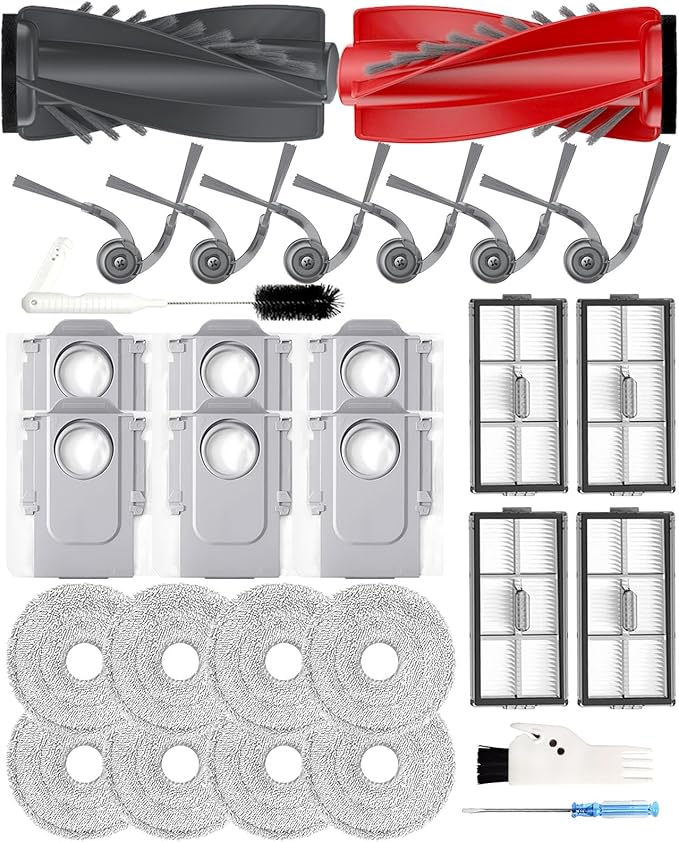 SAROS 10R Accessories Sets for Roborock SAROS 10R/Qrevo CurvX/Qrevo Curv 2 Pro Robot Vacuum, 29PCS Replacements Kits: 2 Roller Brushes, 8 Mop Pads, 4 Filters, 6 Dust Bags, 6 Side Brushes