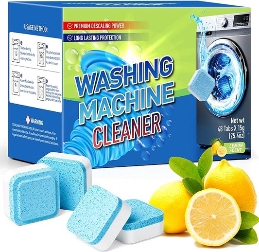 Washing Machine Cleaner Tablets (48 Count) - Deep Descaling Formula for HE Front & Top Load Washers - Removes Limescale, Grime & Odor - Septic Safe, Fresh Lemon Scent