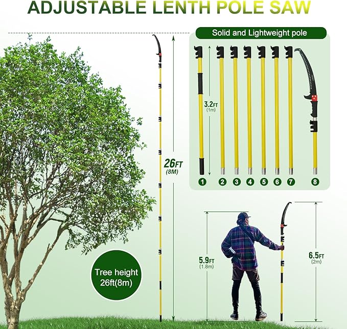 Jovant Manual Pole Saw,6.5-20 ft Extendable Pole with Double Lock Design to Reach up 26 ft for High Branches Trimming,SK5 Sharp Three-Sided Sharpened Edges Blade for Pruning Wild Palm Shrub and Tree