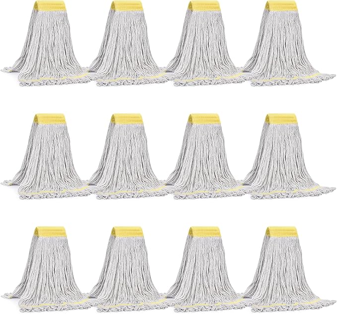 Matthew Cleaning Commercial Mop Head Replacement, 5 Inch Wide Headband, Looped End Cotton Blend String Wet Mops for Floor Cleaning, 24 oz Large, Case Pack 12 Pcs White