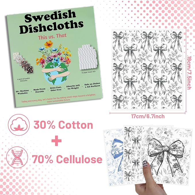 Bow Swedish Dishcloths for Kitchen - 6PCS Pink Blue Black Bowknot Swedish Cloths for Washing Dishes, Ribbon Cotton Reusable Dish Towels, Washable Cleaning Sponge Gifts Quick Drying