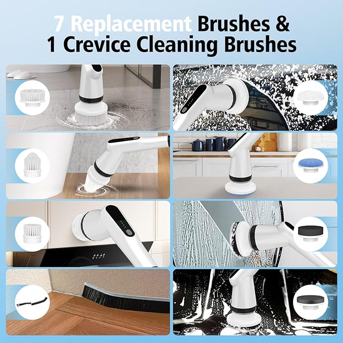 Electric Scrubber Brush, IPX7 Electric Scrubber for Shower, Electric Cleaning Brush Scrubber with 7 Replaceable Brush Heads & Retractable Handle, 2-Speed Adjustable Spin Cleaning Brush