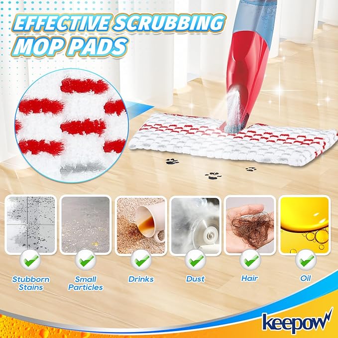 KEEPOW Mop Pads Refills Deep Clean Compatible with O-Cedar Promist Max Spray Mop Double-Side Deep Clean Washable Reusable Flip Mop Pads Replacement for Stubborn Stain Cleaning, 2 Packs
