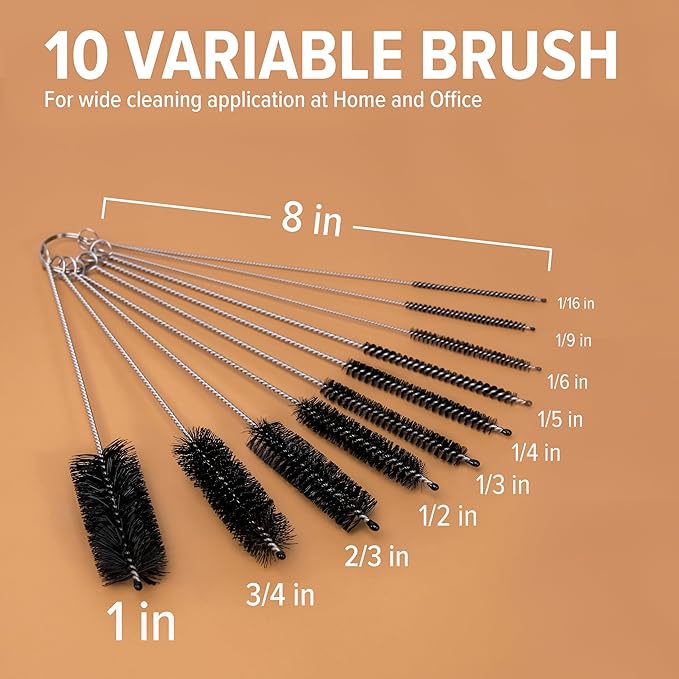 Long Straw & Pipe Cleaning Nylon Brushes | 10 Brush Set 8 inches | Flexible, Non-Scratch, Rust-Resistant Steel Handle | Reusable Straws, Pipes, Tubes, Bottles etc