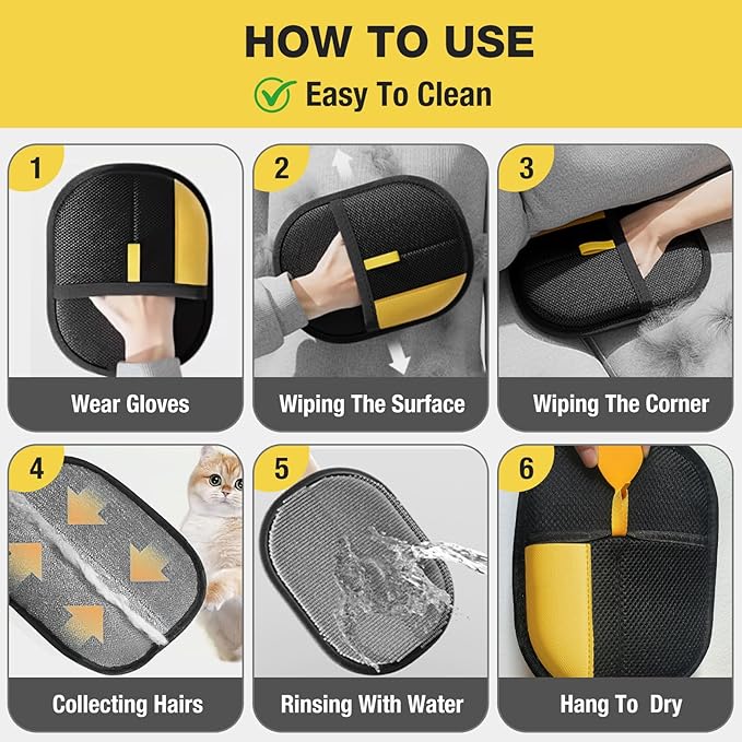 Gvwoye Pet Hair Removal Glove - Electrostatic Pet Hair Remover, Cat & Dog Hair Remover Tool for Couch, Furniture, Carpet, Car Seat, Curtain, Reusable Double Sided Cat Grooming Gloves (1PC)