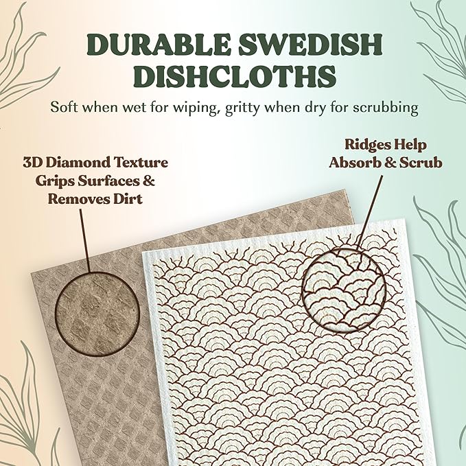 FEBU Swedish Dishcloths for Kitchen | 5 Pack Faded Summer Reusable Paper Towels Washable | Swedish Dish Towels | Non-Scratch Cellulose Sponge Cloths | No Odor, Biodegradable Cleaning Cloths
