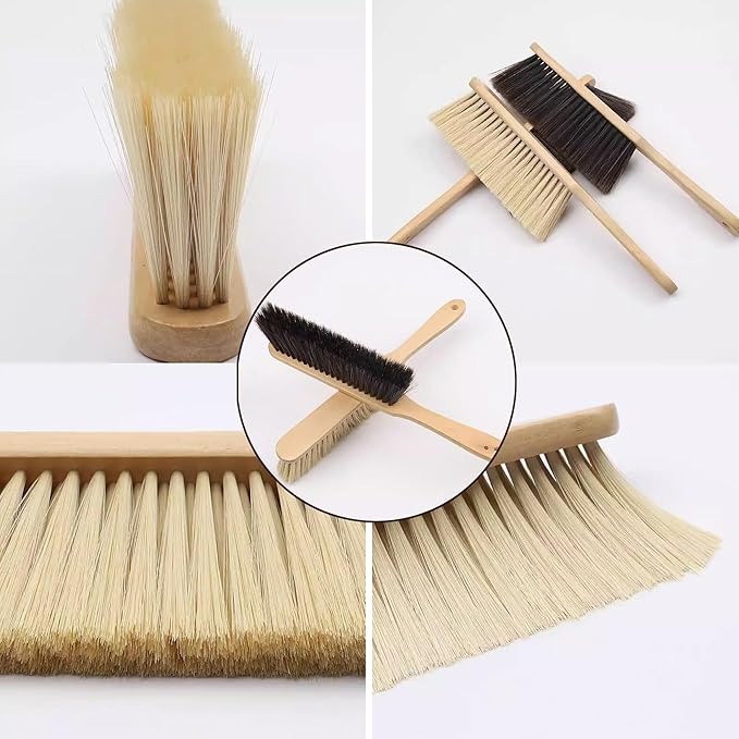 2 Pieces Woooden Dust Brush Hand Broom Bench Brush with Long Wood Handle Whisk Broom Soft Bristle Brush for Counter Bed Sofa Car Fireplace Clothes Household Cleaning (Brown)