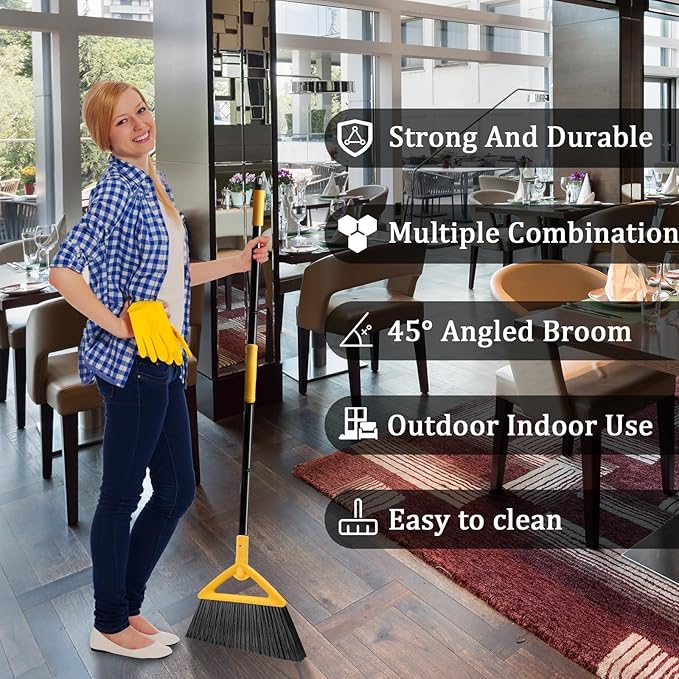 Salajory Heavy Duty Angle Broom - Yellow Broom for Outdoor & Indoor, Garage, Driveway, Sidewalk, Kitchen & More, Long Handle
