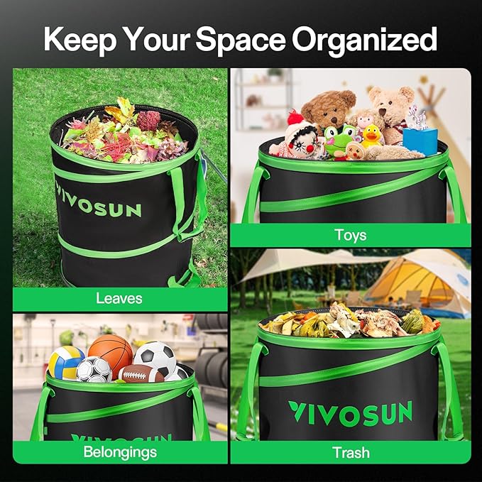 VIVOSUN 47-Gallon Collapsible Trash Can, Reusable Pop-Up Garden Bag with Hard-Shell Bottom, Leaf Scoops and Gloves, Yard Waste Container for Lawn Care and Camping, 2-Pack