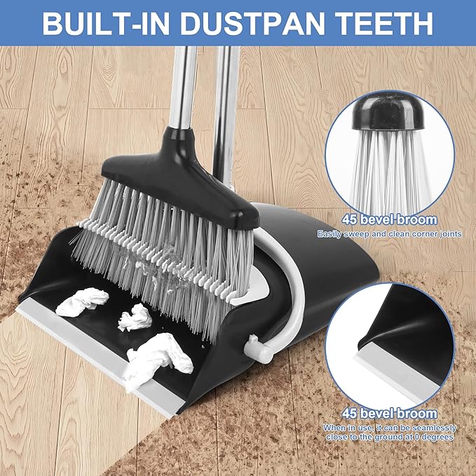 Broom and Dustpan Set with Long Handle, Upright Standing Design, Indoor Outdoor Cleaning Combo, Black and Gray