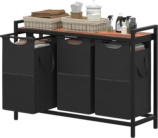 Heybly Laundry Hampers, 3 × 12.5 Gal Laundry Basket with Large Desktop Sorter for Laundry Room organization, Bathroom and Dorm Laundry Bags on Storage Shelf, Walnut HLH003WB
