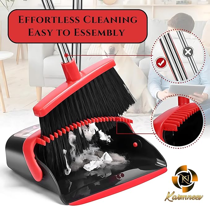 KARMNEEV Standing Broom and Dustpan Set, Built-in Scraper Teeth, No-Slip Grip, Dust Collection Tray for Home, Office, Lobby, and Outdoor, Adjustable Handle from 38.18" to 52" (Black and Red)