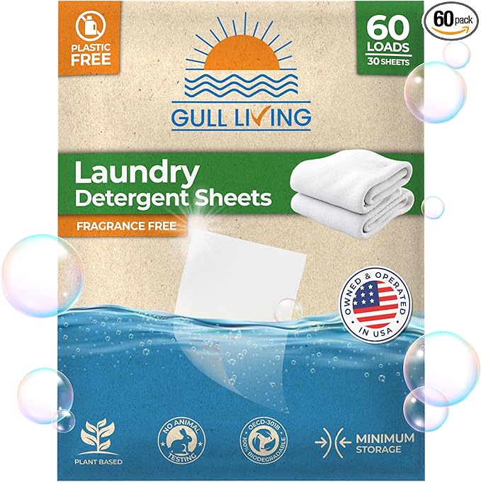 Gull Living Laundry Detergent Sheets For Travel - Eco-Friendly, Plant-Based Hypoallergenic Laundry detergent - Dissolves Quickly, Removes Stains & Odors - Laundry Soap Sheets - Fragrance Free 60 Loads