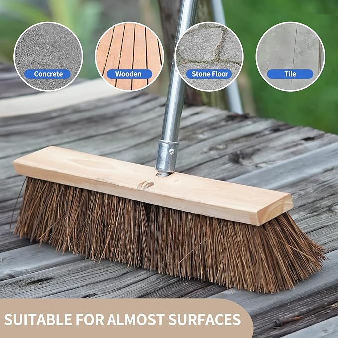 NICOFPHY 18" Push Broom Outdoor Heavy Duty - 65" Long Handle Large Wide Shop Broom, Commercial Stiff Palmyra Bristle Outside Broom Brush for Sweeping Concrete Floor, Garage, Patio, Shop, Yard, Lawn