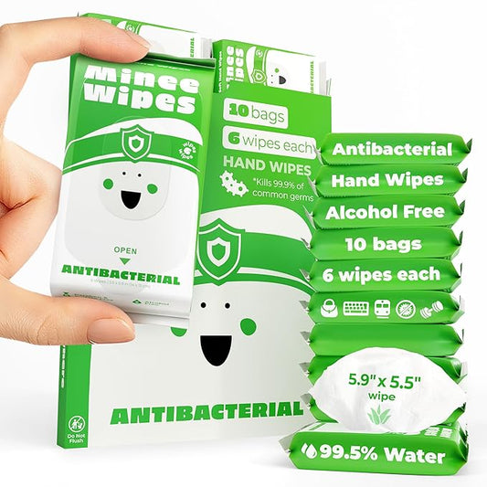 Impossibly Compact Travel Antibacterial Wipes Hand Sanitizer - 99.5% Water and Aloe - Safe for Sensitive Skin & Hypoallergenic Hand Wipes - Travel Essentials For Adults & Kids, 10 Pack Total 60 Wipe
