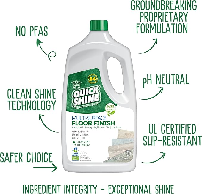 Quick Shine Multi-Surface Floor Finish-Polish 64oz-2pk | Safer Choice, No PFAS, pH Neutral Clean Shine Technology | Squirt & Spread | For Wood, Laminate, LVP, LVT, Tile & Stone | Made in USA