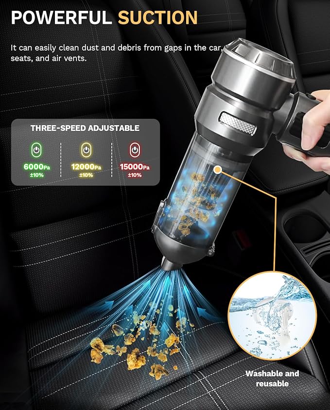 Baiwade Cordless Handheld Car Vacuum Cleaner, 15000PA High Power 2-in-1 Mini Vacuum Duster & Inflator with LED Display Screen, 3-Speed Brushless Motor for Car Care, Home, Office, Pet
