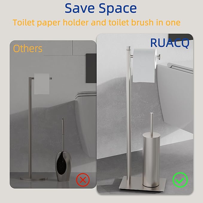 RUACQ Toilet Paper Holder Stand with Toilet Brush and Holder Set, 304 Stainless Steel Bathroom Toilet Tissue Paper Roll Holder Free Standing, Weighted Base, Heavy Duty (Brushed Nickel)