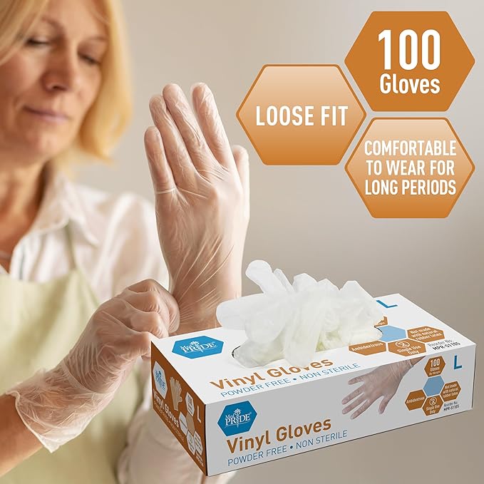 Med PRIDE Vinyl Gloves| 4.3 mil Thick, Powder-Free, Non-Sterile, Heavy Duty Disposable Gloves| Medical, Food Hand